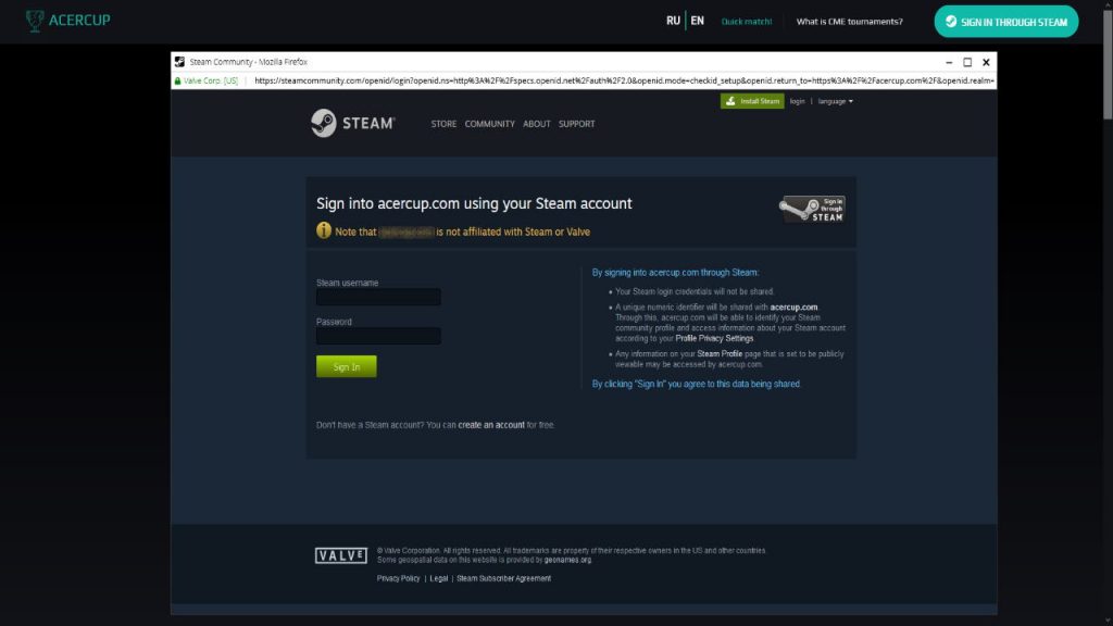 Image of a website attempting to steal Steam accounts with a fake login