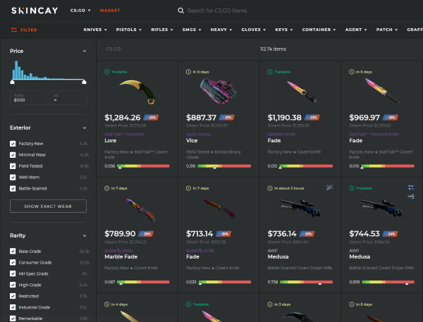Image of the Skincay CS:GO Marketplace and Filter Options