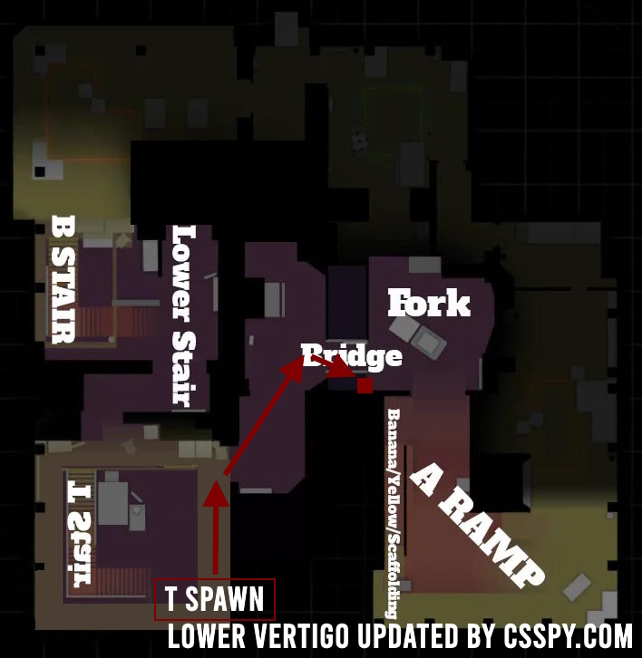 Vertigo Lower Map in CS2 and CS:GO. This map has directions to the location of the hidden save spot under the bridge.