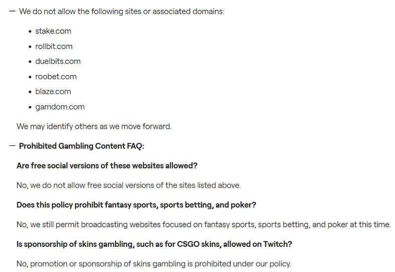 List of banned Counter-Strike gambling websites on Twitch as well as their statement for Counter-Strike gambling websites.